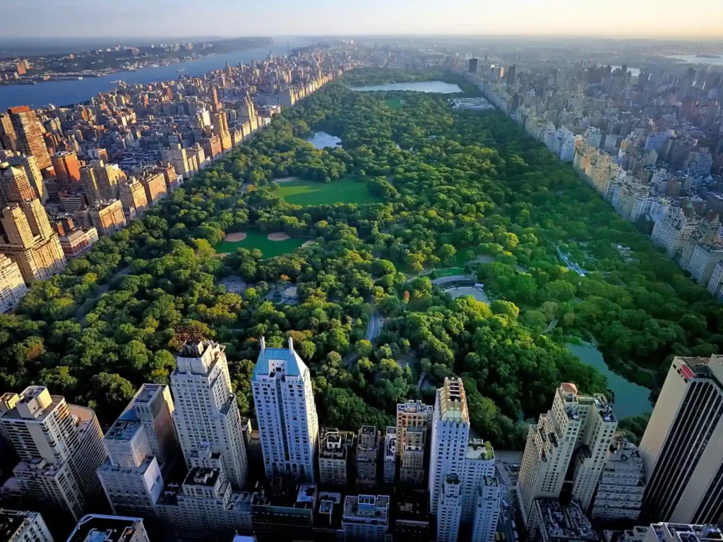 Aerial view of Central Park in New York City, with surrounding skyscrapers and buildings. The park is filled with dense green trees, grass, and small bodies of water. Central Park's lush landscape contrasts beautifully against the city skyline, while the Hudson River glistens in the background under a clear sky.