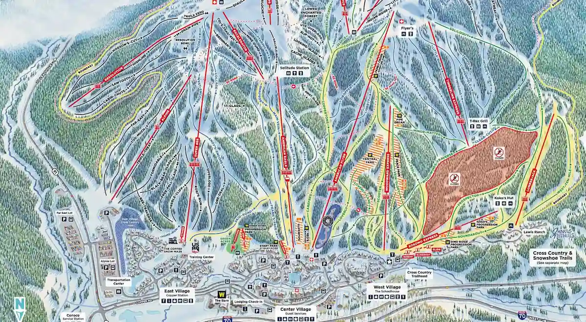 A detailed ski resort trail map shows various ski routes, lifts, and village areas. The map includes color-coded trails for different skill levels, village names, and icons representing facilities like restrooms, restaurants, and first aid stations.
