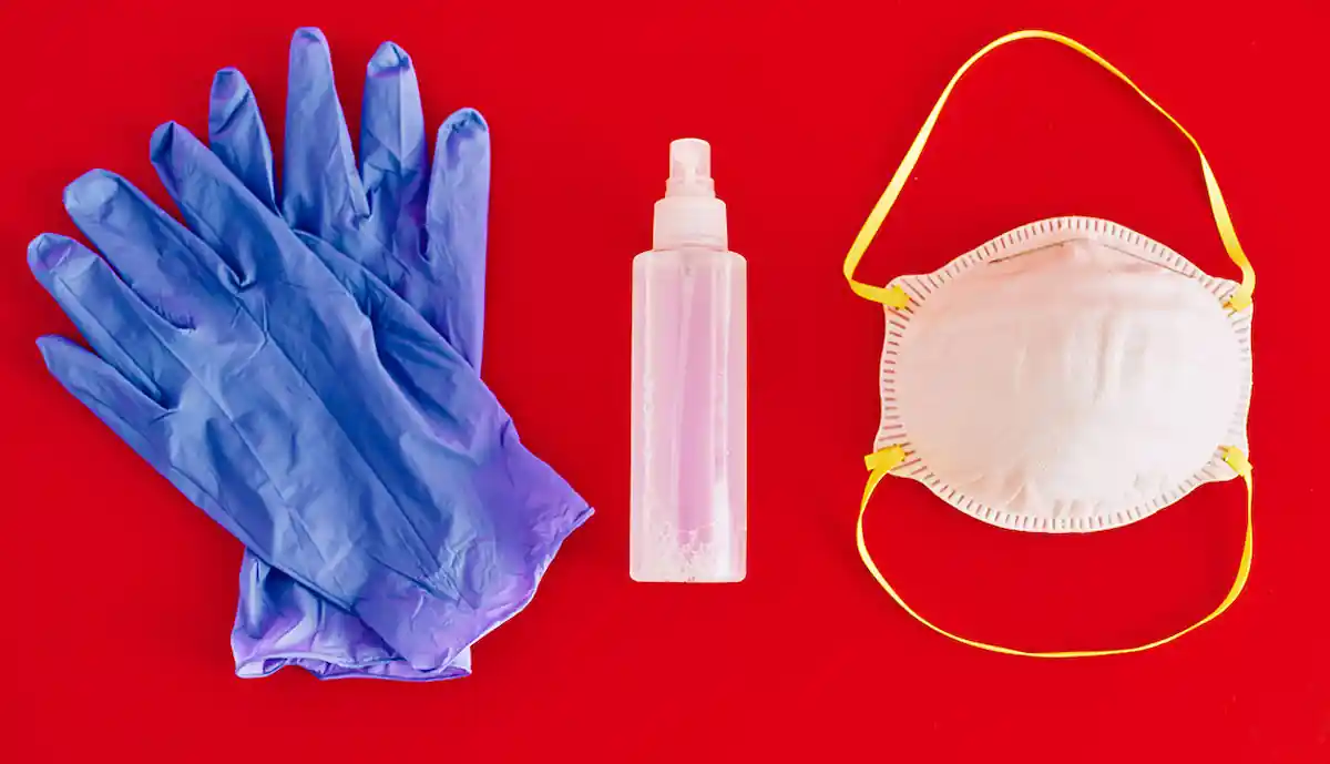 A pair of blue disposable gloves, a clear spray bottle, and a white protective face mask with yellow straps are arranged on a vibrant red background.
