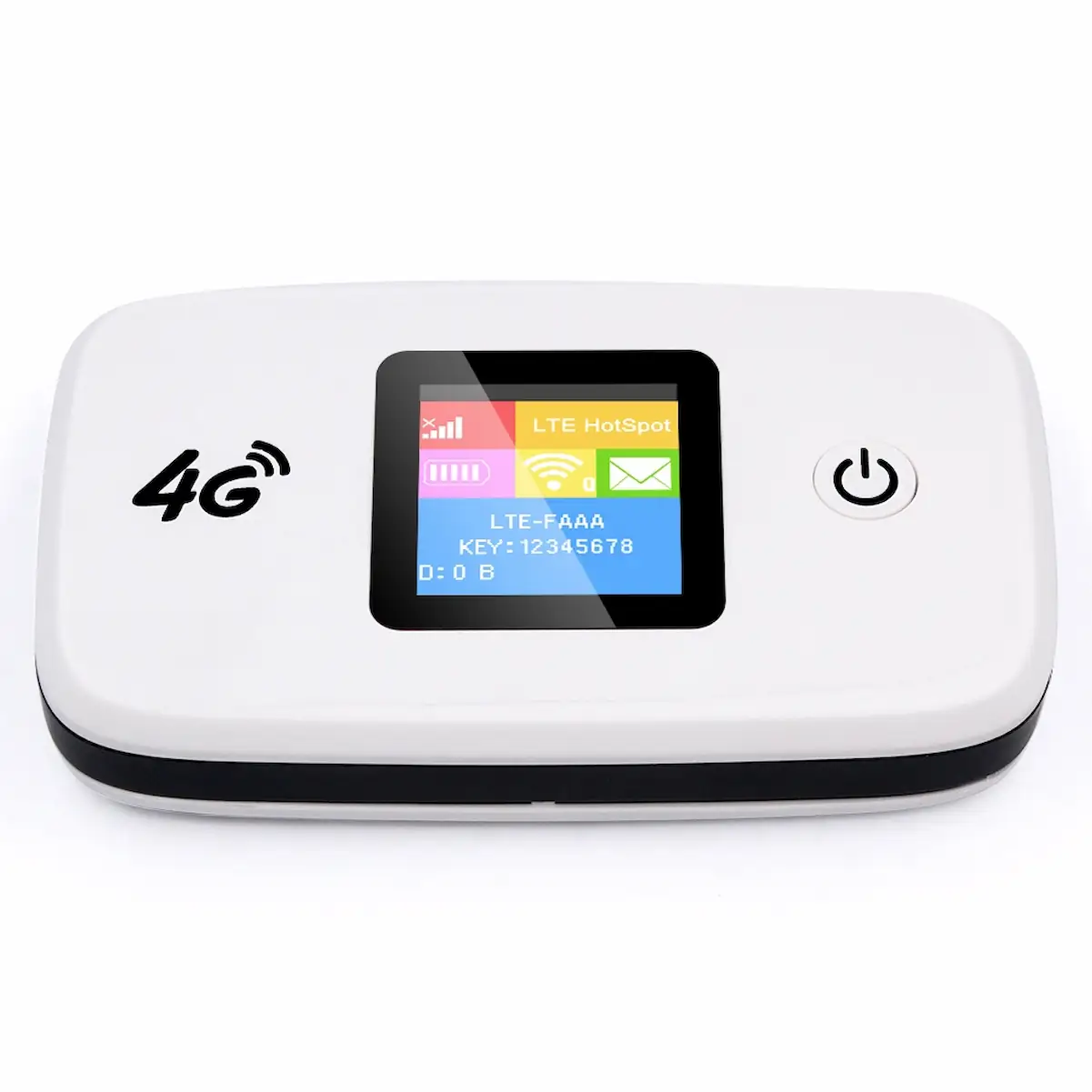 A white 4G mobile hotspot device with a power button on the right side and a small color display screen in the center showing network information and key. The text on the screen includes "LTE-FAAA" and "KEY:12345678.
