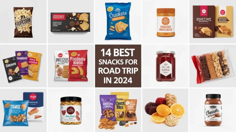 A grid displaying various packaged snacks against a white background with the central text, "14 Best Snacks for Road Trip in 2024." Snacks include popcorn, crackers, trail mix, peanut butter, biscuits, jam, and more. Each snack is individually packaged.