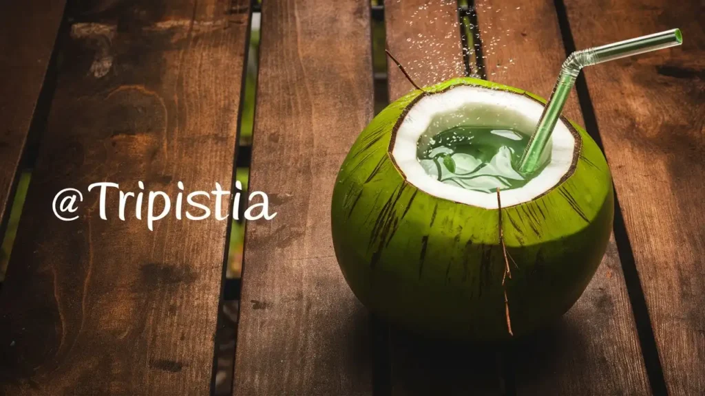 A fresh green coconut with its top cut off, filled with juice and a straw inserted, sits on a rustic wooden surface. The word "@Tripistia" is written in white text on the left side of the image.
