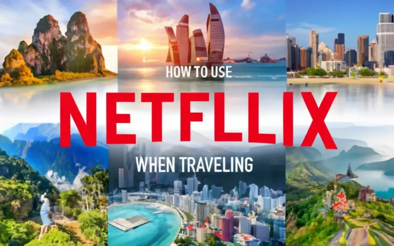 Collage of travel destinations with cityscapes and nature scenes. The text reads How to Use Netflix When Traveling. Each image represents different locations including mountains, skyscrapers, and coastlines, emphasizing travel and entertainment.