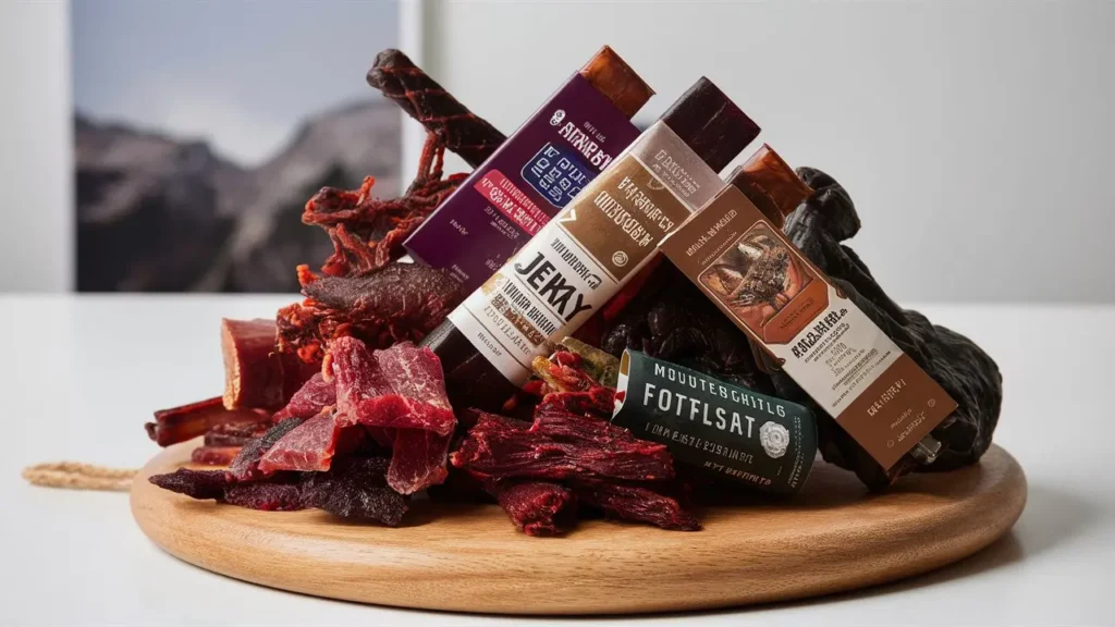 A wooden platter is filled with various types of dried meats, including jerky and sausages. Several packaged gourmet meat products, such as beef jerky and smoked sausages, are prominently displayed on top, showcasing different flavors and brands. A mountain scene is blurred in the background.
