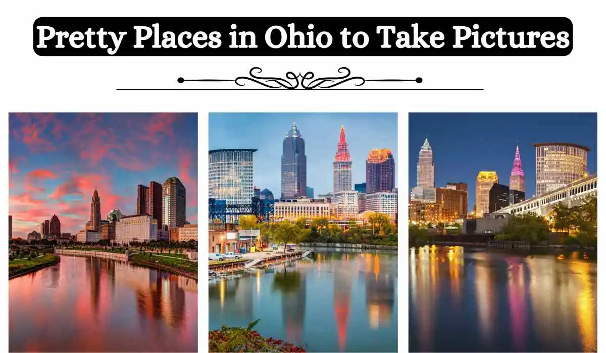 A collage of three stunning images showcasing the beauty of Cleveland, Ohio. The left image captures a vibrant sunset over the city skyline, reflected in the calm waters below. The middle image highlights the modern architecture of downtown Cleveland, with towering skyscrapers and a bustling riverfront. The right image showcases the city's skyline illuminated at night, creating a mesmerizing reflection on the water. These images showcase the picturesque beauty of Cleveland, making it a must-visit destination for photography enthusiasts.