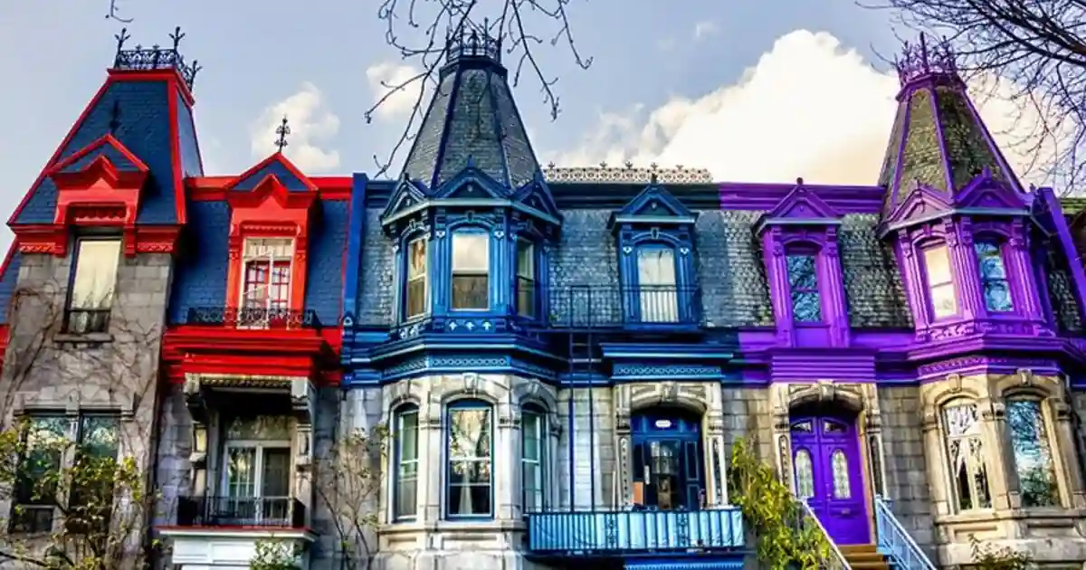 A row of Victorian-style townhouses with vibrant, eye-catching colors. The houses, adorned with intricate architectural details, are painted red, blue, and purple. The sky is blue with white clouds, and trees with bare branches frame the buildings.
