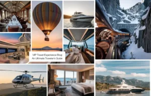 VIP Travel Experience Blog - a collage of different pictures of a boat and a helicopter.