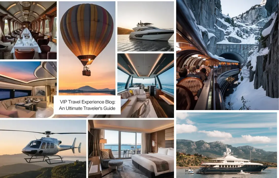 VIP Travel Experience Blog - a collage of different pictures of a boat and a helicopter.