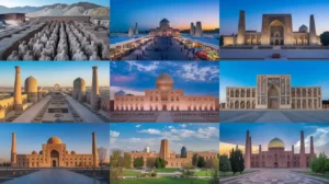 A collage of nine images featuring various architectural landmarks, including grand mosques, palaces, and ancient fortresses, set against vibrant skies. Each building showcases intricate designs and historical significance.10 Most Beautiful Silk Road Cities to Visit