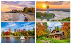 Four scenic landscapes: a beach at sunset with a red-roofed building, a lighthouse by a river at sunset, a sailboat on a lake with a city skyline, and a rustic cabin surrounded by colorful autumn trees.