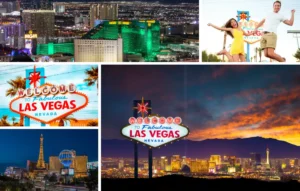 Collage of Las Vegas scenes: two Welcome to Fabulous Las Vegas signs, cityscape with MGM Grand hotel, Eiffel Tower replica, and a couple posing joyfully by the sign. Night and day views showcase vibrant city lights. Crazy Things to Do in Las Vegas for Couples