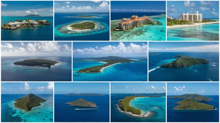 A collage of aerial images showcasing tropical islands surrounded by turquoise waters. Islands vary in size and vegetation, with some featuring large resort buildings and sandy beaches. The sky is clear and blue, enhancing the vivid color of the sea. Most Expensive Caribbean Islands