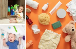 Collage showing two infants and baby care items. Left: infant in yellow by cleaning supplies and baby in blue shirt lying on a bed. Right: assorted baby products on orange background, including diapers, lotion, teddy bear, and toiletries.