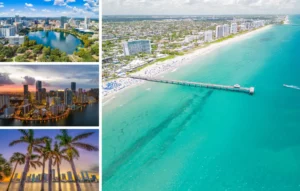 A collage of four images: Aerial views of urban skylines and waterways, a beach with turquoise water and a long pier, and palm trees at sunset, all showcasing diverse cityscapes and coastal scenes. Places to Go for Your Birthday in Florida