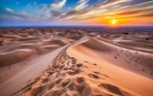 A vast desert landscape with golden sand dunes stretches into the horizon under a vibrant sunset sky with streaks of blue, orange, and pink clouds.