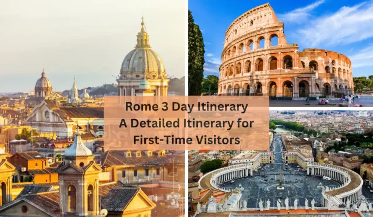 A collage of Rome, featuring scenic views of rooftops at sunset, the Colosseum, and St. Peters Basilica. Text overlay reads, Rome 3 Day Itinerary: A Detailed Itinerary for First-Time Visitors.